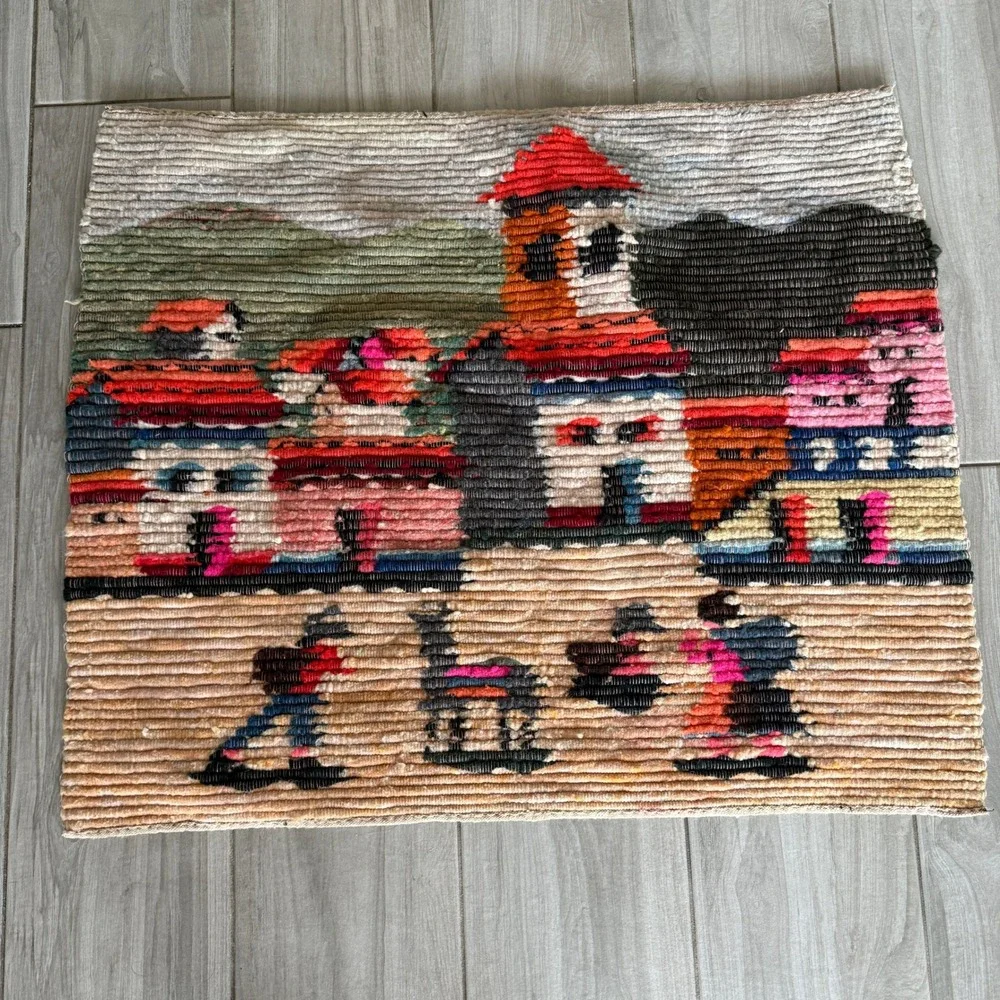 VTG Peruvian Woven 1970s Tapestry Multi Village Llama Wall Art 37